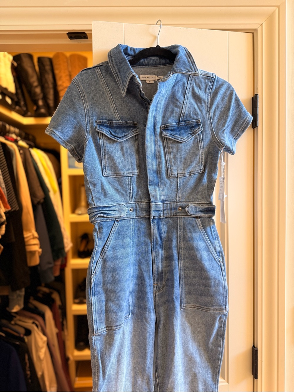 Good American Light Blue Denim Short Sleeve Jumpsuit (NWT originally $199) - Picture 2 of 5